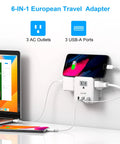 Six In One European Travel Plug Adapter with three US outlets and three USB ports powering devices, white compact design