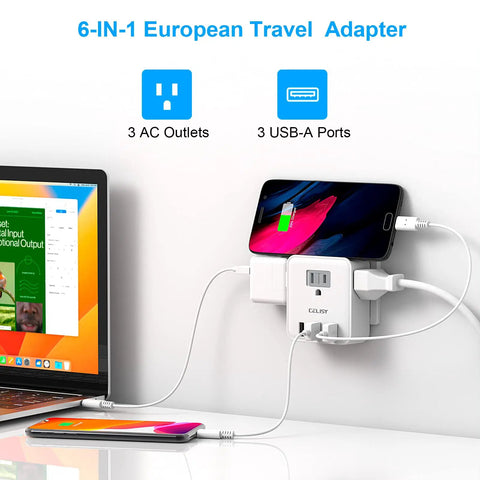 Six In One European Travel Plug Adapter with three US outlets and three USB ports powering devices, white compact design