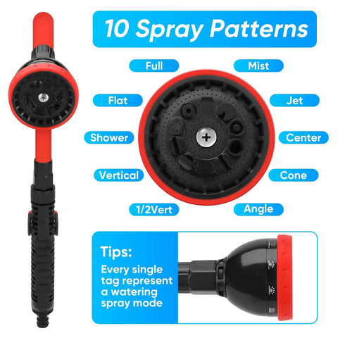 Close-up of 2 In 1 Bendable Watering Wand For Garden And Car Cleaning showing 10 spray patterns on flexible nozzle.