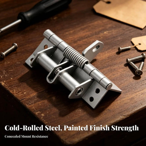 Automatic Concealed Self Closing Door Hinge With Heavy Duty Spring For Solid Wood Entryways on a wooden surface with screws.