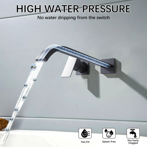 Matte Black Wall Mount Tub Filler Faucet With Extra Long Spout, Single Handle Bathtub Set, showing water flow and ceramic disc core