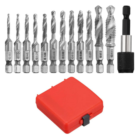 Combination Drill And Tap Bit Set For SAE And Metric Threads With Quick Change Adapter Covers SAE Six Thirty Two NC To One Quarter Twenty NC And Metric M Three To M Ten Pro Grade For Through And Blind Holes DIY Friendly For Any Job, drill tap bits in red case