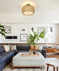 Living room with 3 Light Boho Rattan Ceiling Light With Linen Fabric Shade Semi Flush Mount For Bedroom Kitchen Foyer And Hallway Handwoven Rattan