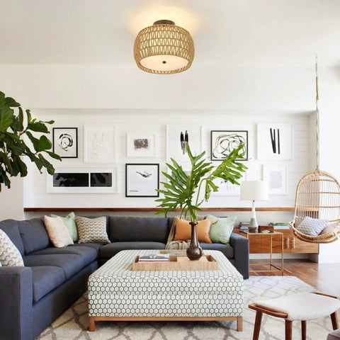 Living room with 3 Light Boho Rattan Ceiling Light With Linen Fabric Shade Semi Flush Mount For Bedroom Kitchen Foyer And Hallway Handwoven Rattan