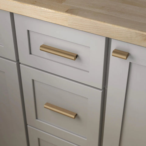 Champagne Bronze Cabinet Handles 5 Pack Adjustable Drawer Pulls for kitchen cabinets, shown installed on white cabinets.
