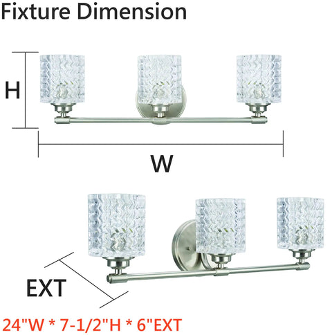Three Light Metal Bathroom Vanity Wall Light Fixture, 24 Inch Wide, Brushed Nickel Finish With Clear Glass Shades, dimensions shown