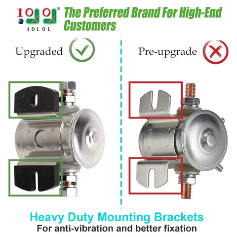 Comparison of upgraded and pre-upgrade Heavy Duty 36 Volt Solenoid Relay for EZGO Golf Carts 4 Terminal SPNO Continuous Duty