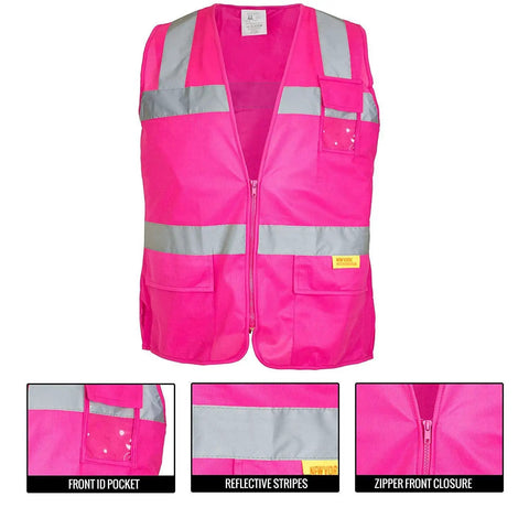 High Visibility Pink Safety Vest With Ansi Class Two Reflective Tape And Zip Front Closure Made From Hella Breathable Polyester with pockets.