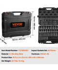 Impact Socket Set 3/8 Inch Drive, 90 PC Beefy CR-MO Steel Kit shown in black portable case with dimensions