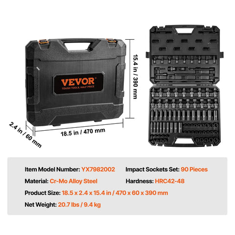 Impact Socket Set 3/8 Inch Drive, 90 PC Beefy CR-MO Steel Kit shown in black portable case with dimensions
