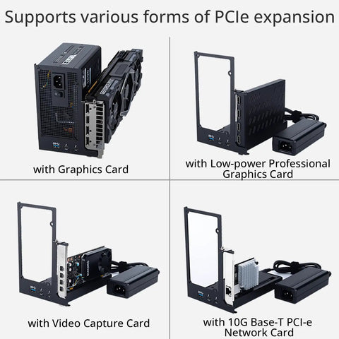 Four images showing Absolute Beast Mini Egpu Enclosure With Forty Gbps Thunderbolt Three Four And Usb Four with various PCIe cards.