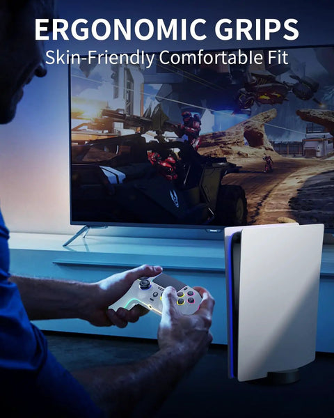Person holding Wireless Controller For PS5 Pro Slim And PC with Hall Effect Sticks and RGB LED Modes near console.