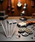Five Piece Silver Steel Watch Stem Crown Kit For NH35 NH36 NH38 NH39 Movements displayed with watch parts