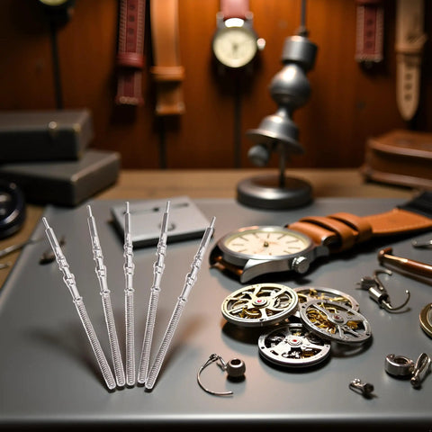 Five Piece Silver Steel Watch Stem Crown Kit For NH35 NH36 NH38 NH39 Movements displayed with watch parts