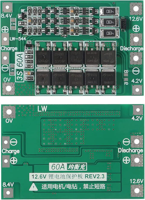 No Fuss Plug And Play 3S 60A Balance Charger Panel for 18650 Lithium Cell Packs, with control circuits for charging.