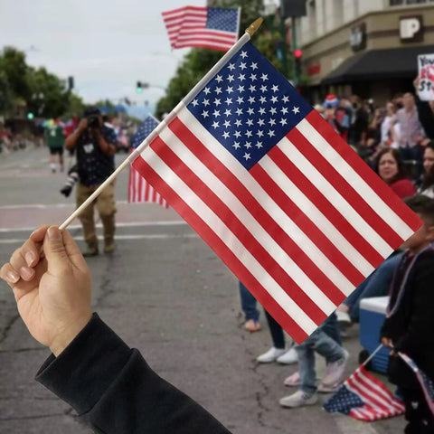 Person holding 12 Pack 8x12 Inch American Flags on Sticks for Outdoor Use with Grounded Multi Purpose Flagpole at parade.