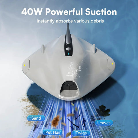 Cordless Robotic Pool Cleaner For Above Ground Pools With 40W Suction showcased cleaning various debris in water.