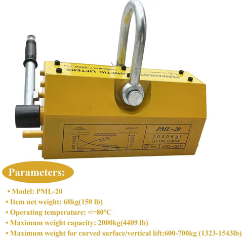Heavy Duty Neodymium Magnetic Lifter Featuring Tough As Nails Build And Slick Toggle Release For Steel Plates And Scrap Handling Boasts Beast Mode Grip Up To 4409 Pounds - PML-20 model with specifications.