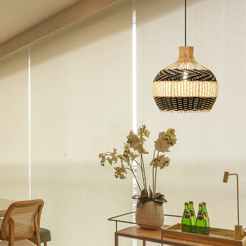 Boho Rattan Pendant Light For Kitchen Island Handmade Woven Chandelier In Black And White Coastal Rustic Lamp 1 Light D11.8 Inch
