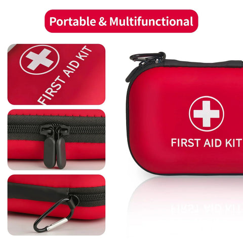Red mini first aid kit with white cross, zippered pouch and carabiner.