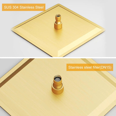 12 Inch Square Rain Shower Head High Pressure Stainless Steel Brushed Gold SUS 304, top and bottom view of water inlet