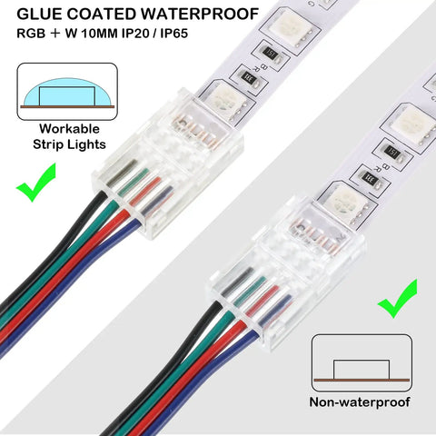 10 Pack Solderless LED Strip Connectors With 16.4 Ft Extension Cable For Easy LED Light Install Clear 4 Pin Track Lighting Wire 10 mm Compatible With Most LED Strips No Tools Needed, showing a close-up of connected cables