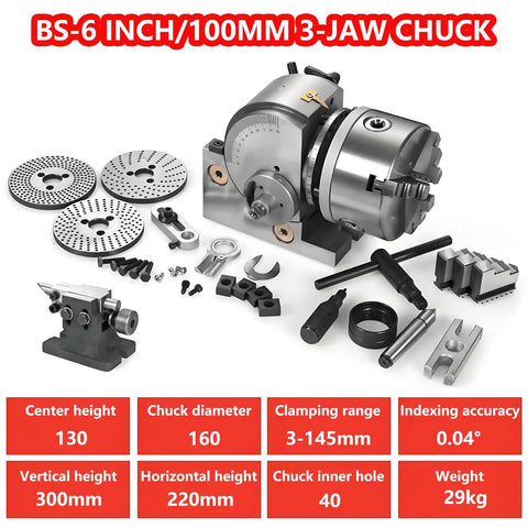 Heavy Duty 3 Jaw Dividing Head Combined With 6 Inch Rotary Indexer Featuring Zero To Ninety Degree Precision Rotation Built Tough For Cnc Milling Drill Press Hardcore Workholding Tool with accessories and specifications.