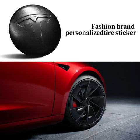 Set Of Four Aluminum Waterproof Wheel Cover Center Emblem Sticker For Tesla Model 3 And Model Y 56mm Hubcaps Rim Cover Matte Black Finish For A Sleek Oem Look And Rugged Daily Driver Upgrade, showing close-up of matte black hubcap on red Tesla.