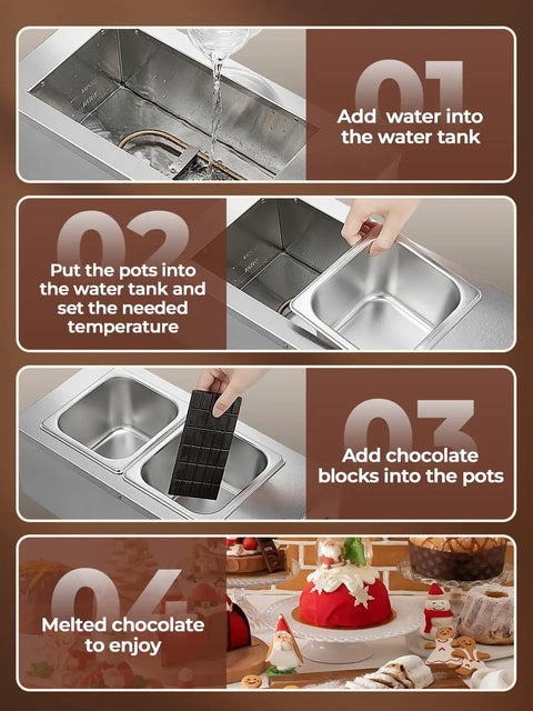Pro Grade Two Tank Chocolate Tempering System 9 Lb Capacity Commercial Warmer and Melter 1000W shown with chocolate process