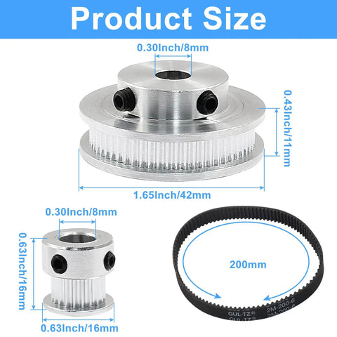 Heavy Duty Two Piece GT2 Synchronous Timing Pulley Set With 20 Tooth And 60 Tooth Aluminum Pulleys 8mm Bore 200mm Belt Length