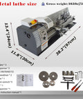 Jaryannix 8x24 Metal Bench Lathe With Brushless Motor And Digital Display, dimensions 38.2x11.8x13.4 inches, includes tools.