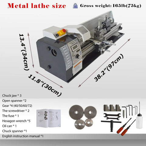 Jaryannix 8x24 Metal Bench Lathe With Brushless Motor And Digital Display, dimensions 38.2x11.8x13.4 inches, includes tools.