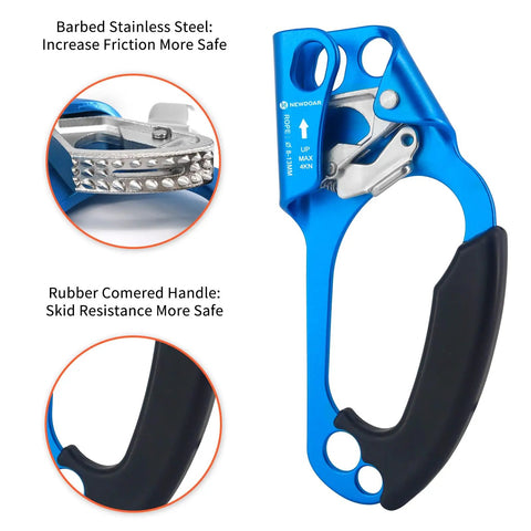 Right Hand Rope Ascender For 8 To 13mm Rope, Ultra Lightweight Aluminum Rope Clamp, Rubber Handle, Blue UIAA CE Certified