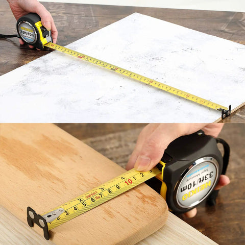 Double Sided Measuring Tape 33 Feet 10 Meters With Fractions In Inches And Metric Retractable Tape Measure With Magnetic Hook And Double Stop Buttons For Quick Accurate Readings And Pro Grade Handy Tool For DIY Projects, shown measuring board edges
