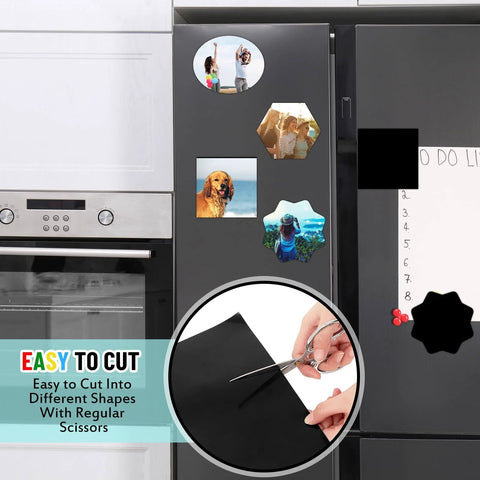 Ten Pack Magnetic Sheets With Adhesive Backing, 30 Mil Flexible Steel Vinyl Magnet Sheets for crafts shown on fridge with cut shapes