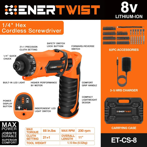 Cordless Screwdriver Kit With 8V Max Power 10Nm Torque 230 RPM 21 Plus 1 Clutch Dual Position Handle LED Light Rechargeable Battery Charger Carrying Case And 82 Piece Accessory Set For Easy DIY Home Projects with case and accessories