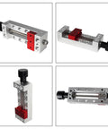Nifty Mini Bench Vise Featuring Slick Bottom Slider And Precision Flat Jaws For Drill Press Work No Sweat Clamp Lock Solid 50mm Clamping Range showing aluminum construction and different angles.