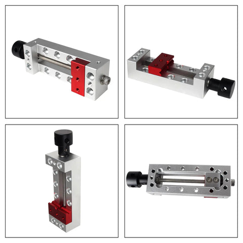 Nifty Mini Bench Vise Featuring Slick Bottom Slider And Precision Flat Jaws For Drill Press Work No Sweat Clamp Lock Solid 50mm Clamping Range showing aluminum construction and different angles.
