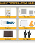 Image of All In One Drywall Repair Kit with 12.2 oz putty, patches, putty knife, scrapers, sand block, and gloves.