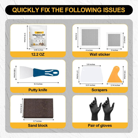 Image of All In One Drywall Repair Kit with 12.2 oz putty, patches, putty knife, scrapers, sand block, and gloves.
