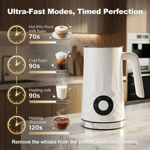4 In 1 Milk Frother And Warmer For Latte Cappuccino And More Auto Hot And Cold Foam Maker 11.8oz on kitchen counter