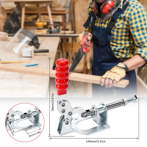4 Pack 302F Push Pull Toggle Clamps 300 Lb Holding Capacity Heavy Duty Galvanized Steel with red handle in workshop setting.