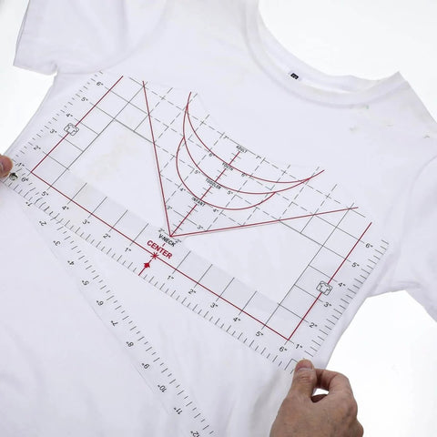 Clear T Shirt Ruler Guide For Vinyl Alignment And Heat Press Centering on white tee for precise vinyl positioning