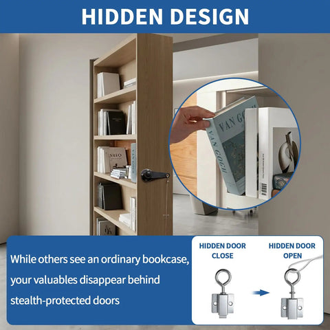Heavy Duty Hidden Door Book Latch Featuring Slick Concealed Bookshelf Catch For Seamless Safe Room Upgrade And Smooth Operator DIY Stealth Lock Set with hand pulling a book.