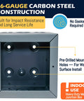 Rock Solid Carbon Steel Junction Box 6 X 6 X 4 Inches With Screw Cover showing interior, pre-drilled holes and impact-resistant 16-gauge steel.