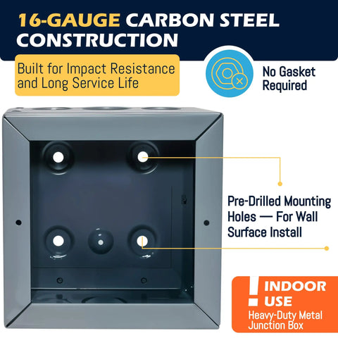Rock Solid Carbon Steel Junction Box 6 X 6 X 4 Inches With Screw Cover showing interior, pre-drilled holes and impact-resistant 16-gauge steel.