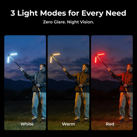 Telescopic Camping Lantern With 15600mAh Rechargeable Battery, 1000x3 Lumens Rotating Light showing three modes in use at night