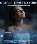 Woman enjoying a shower with warm water, illustrating stable temperature from a Propane Tankless Water Heater That Knocks It Out Of The Park Delivering Six Point Three Gpm And One Sixty Grand Btu For Flawless Instant Hot Water Indoors Year Round.