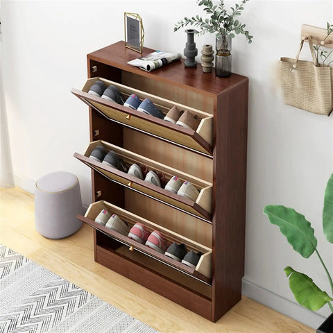 Ultra Slim Wooden Shoe Rack With Swinging Doors And Wide Top Counter Built For Tight Hallways And Mudrooms To Keep Your Kicks Stacked In A Super Slick Walnut Finish with shoes organized.