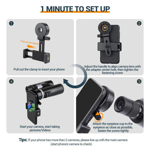 Universal Telescope Phone Adapter Clip Mount setup guide with smartphone alignment and eyepiece attachment instructions.